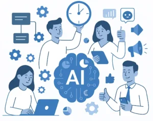 Illustration showing teams automating various business workflows using AI