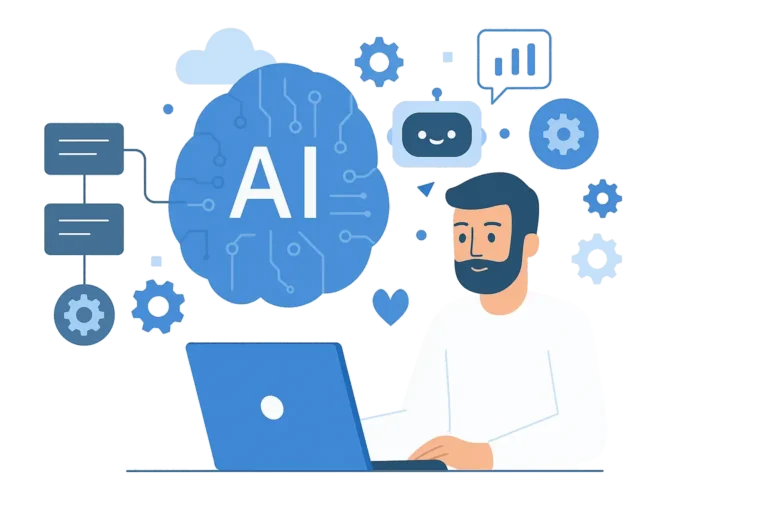 Illustration representing AI automation services across IT, marketing, operations, and customer service