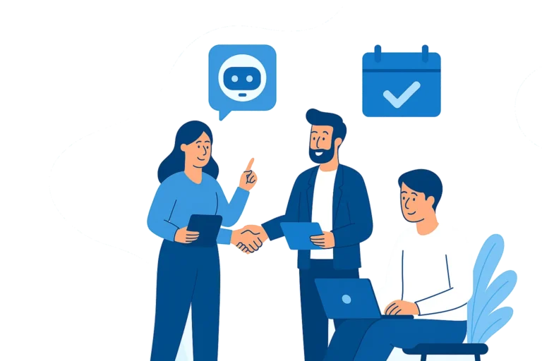 Flat-style blue and white illustration showing characters interacting with a large digital calendar and automation icons, symbolizing scheduling a free consultation
