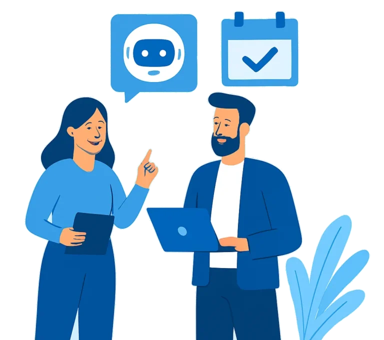Flat-style illustration showing two professionals discussing AI automation, with icons of a chatbot and a calendar above them, in a blue and white color scheme with left-side space