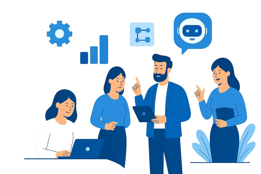 Flat-style blue and white illustration of three professionals surrounded by automation icons such as gear, checklist, email, and cloud, representing tasks that can be automated for Manchester businesses