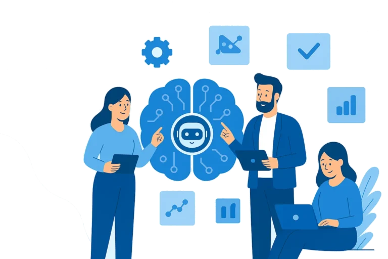 Flat-style illustration showing three characters interacting with a robot-brain AI icon and floating automation symbols, styled in blue tones