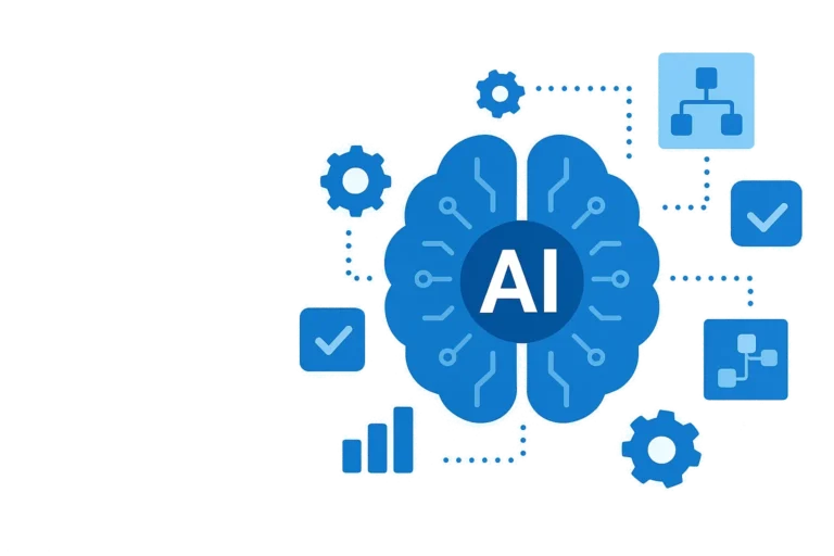 Flat-style blue and white illustration of a large AI brain icon connected to automation elements with characters interacting around it, representing business process automation