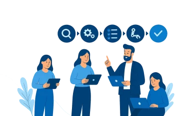 Flat-style blue and white illustration showing three professionals interacting with icons representing a step-by-step automation process