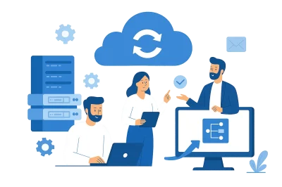 Flat-style digital illustration of cloud migration process with professionals and cloud technology