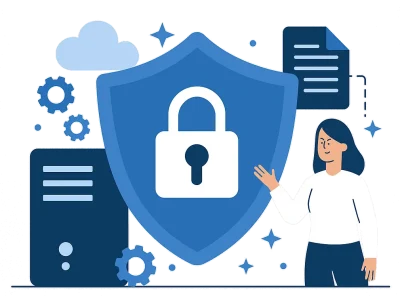 Flat-style illustration showing UK businesses protected by cybersecurity services, including shields, cloud security, and data protection icons.