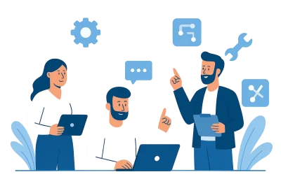 Team of IT professionals collaborating on automation and problem-solving tasks