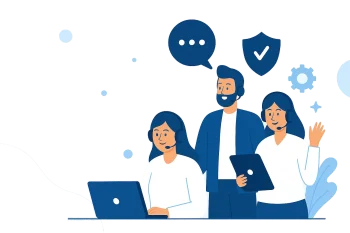 Flat-style illustration of customer support team helping clients with IT issues