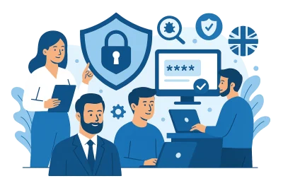 Flat-style illustration showing tailored cybersecurity solutions for UK businesses, including data protection and IT security teams