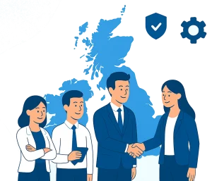 Flat-style illustration in blue and white showing business professionals shaking hands and collaborating, symbolizing trust, partnership, and AI support for Manchester SMEs